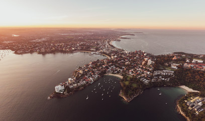 Aerial drone evening view of the Sydney suburb of Manly, in the state of New South Wales,...