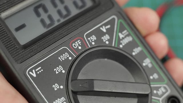 Electronic multimeter tool power on. Ready for voltage measuring. Close up