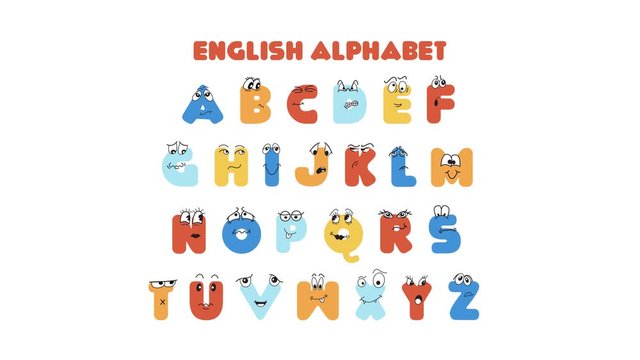 Motion typography English alphabet on transparent background.Animated cute colorful font with hand drawn faces for kids home education,kindergarten,preschool,school. Easy to compose your own word.