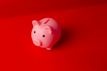 Piggy bank on red background