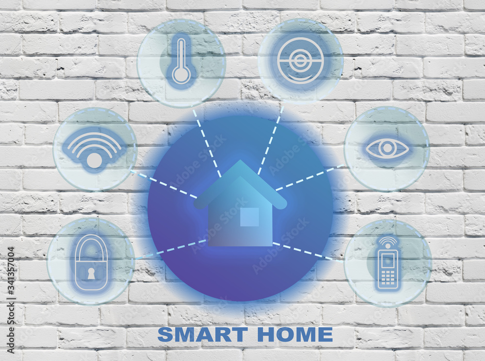 Aufkleber collage of smart home control interface with pictograms on white brick background