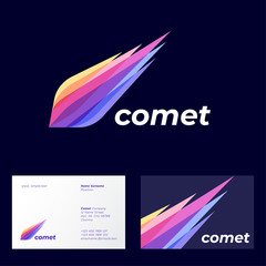 Comet logo. Astronomical object icon. Colorful icon consist of transparent different color elements.  Business card.