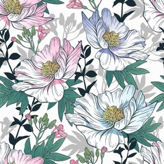 Seamless floral pattern on a white background. Design for wallpaper, fabric, wrapping paper, cover and more. Vector illustration.	