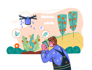 Smart farming system and agricultural wireless technology with farmer remotely controlling drone. Distance industrial innovation for crop production. Cartoon vector illustration.