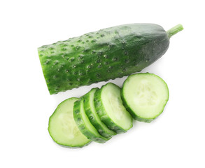 Green cut cucumber on white background