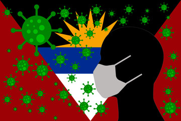 Human using a Mouth Face Masks or  Mouth Cover ro surrounded wiht virus with ANTIGUA AND BARBUDA flag