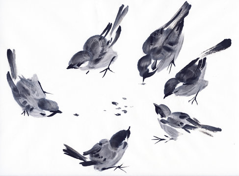 Sparrows in black ink