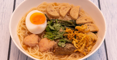 Thai Vietnamese Sausage Noodle Soup with Boiled Egg