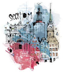 Handgezeichnete Stockholm Skizze auf einer Ebene reduziert