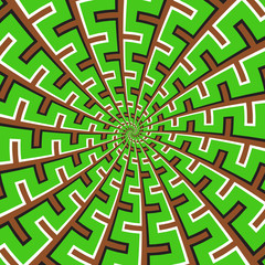 Optical motion illusion vector background. Green brown spiral broken striped pattern move around the center.
