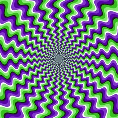 Vektorhintergrund der optischen Bewegungstäuschung. Grüne lila gewellte gestreifte Musterbewegung um die Mitte. © PerepadiaY
