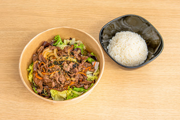 Korean dish of bulgogi with rice