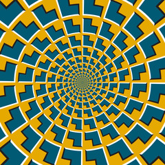 Optical motion illusion vector background. Blue corners shapes move around the center on golden background.