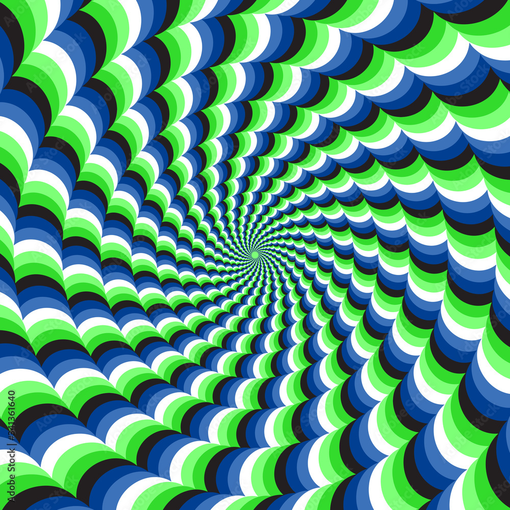 Canvas Prints optical motion illusion vector background. blue green wavy spiral stripes move around the center.