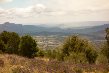 Landscape with far view of mountains near San Bartolome de Pinares on Saint James way, Camino de Levante from Toledo to Avila in Spain