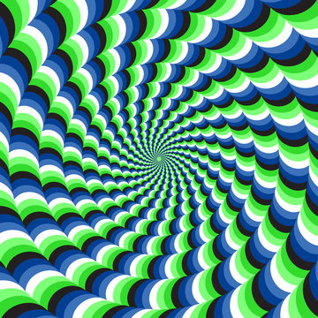 Optical motion illusion vector background. Blue green wavy spiral stripes move around the center.