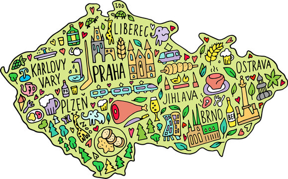 Colored funny Hand drawn doodle Czech Republic map. Czech city names lettering and cartoon landmarks, tourist attractions cliparts. travel, trip comic infographic poster, banner concept design.