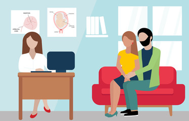 a young couple come to doctor. Wife and husband are sitting on the red sofa in therapist s cabinet. Doctor with brown hair is typing on the computer.