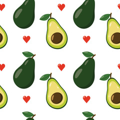 Seamless pattern with cute cartoon avocado and hearts