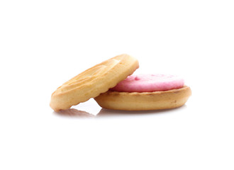 sandwich cookies with strawberry cream on white background