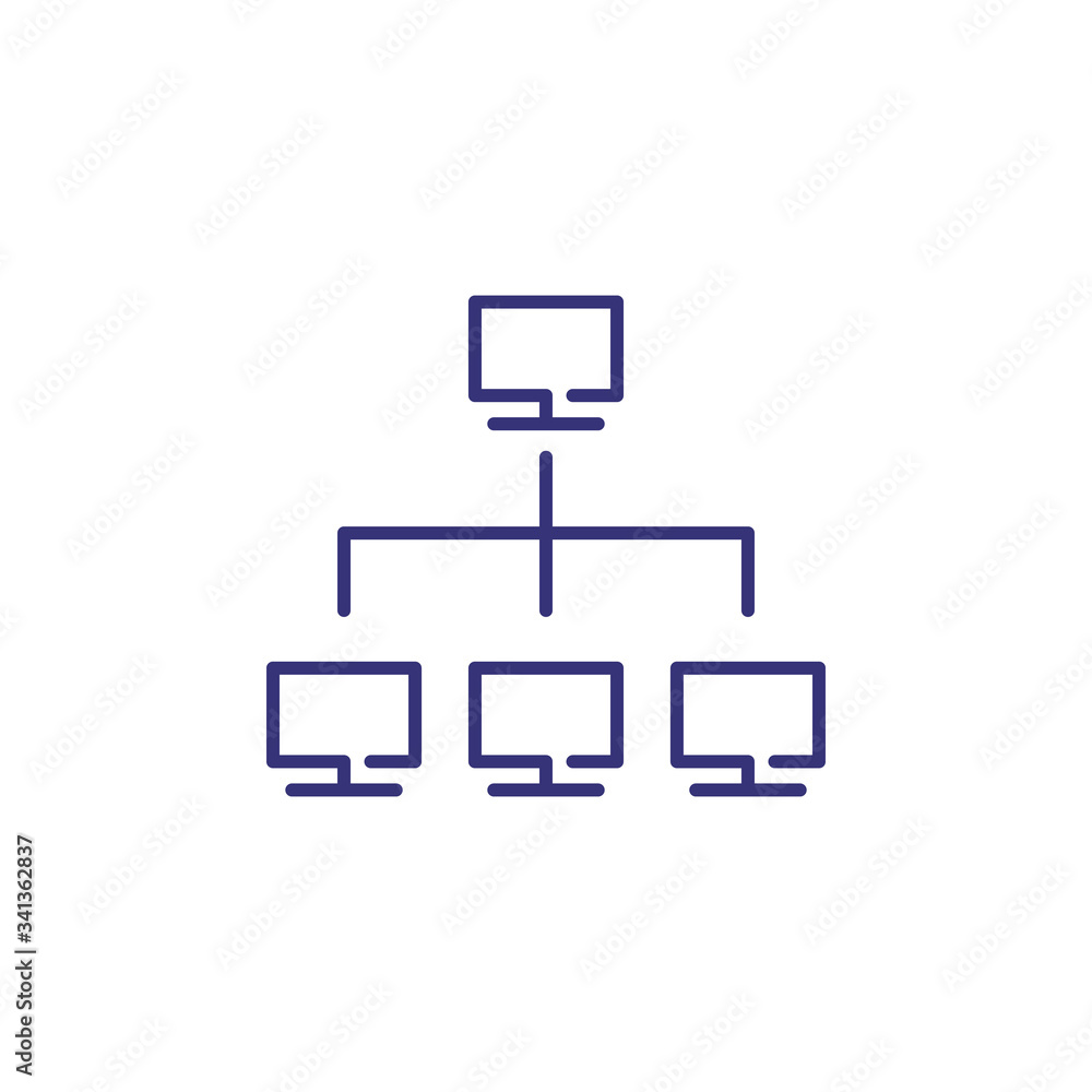 Poster computer network line icon. monitors in flow chart. information technology concept. can be used for 