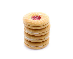 Jam sandwich biscuit from above isolated on white