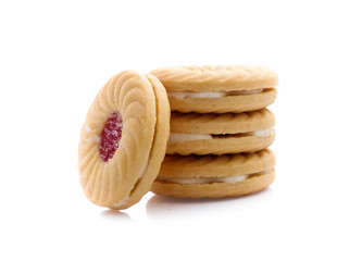 Jam sandwich biscuit from above isolated on white