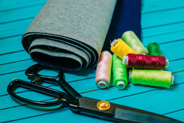 Set of tailoring tools and accessories on table