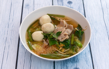 Thai Pork Balls with Pork Slices Noodle Soup 