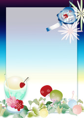 夜空に花火やクリームソーダと金魚柄の風鈴にうちわと水ヨーヨーとハイビスカスのイラスト縦スタイル背景