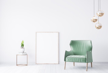 interior house with simple white background mock up. green velvet armchair . modern space concept. 3d render