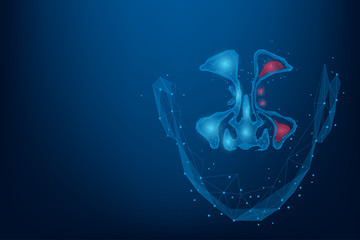 Abstract mesh line and point Sinusitis. Low poly Healthy and inflammation nasal sinus. Polygonal illustration - obrazy, fototapety, plakaty