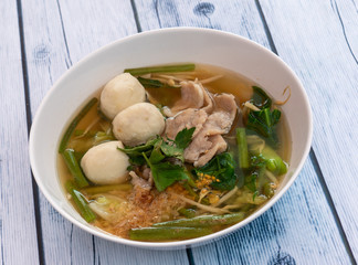 Thai Pork Balls with Pork Slices Noodle Soup 