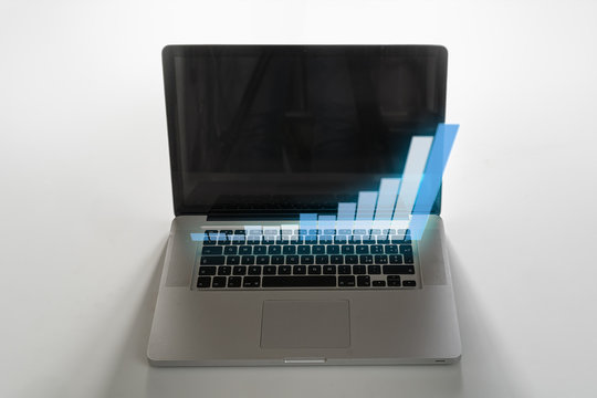 Laptop With Data Growing Chart Overlay Over The Keyboard. Business Analysis, Marketing And Statistics Concept. Minimal Design Digital Illustration.