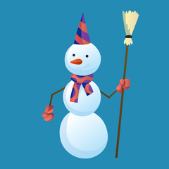 Snowman holds a broom in his hand with top hat and scarf isolated on white background. Winter theme. Vector character illustration