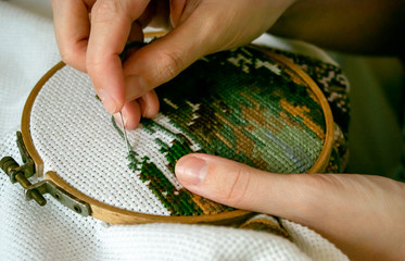 A needlewoman embroiders a cross-stitch picture on the fabric.