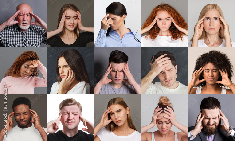 Poster collage with people of various races, ages and genders having migraine or feeling stressed