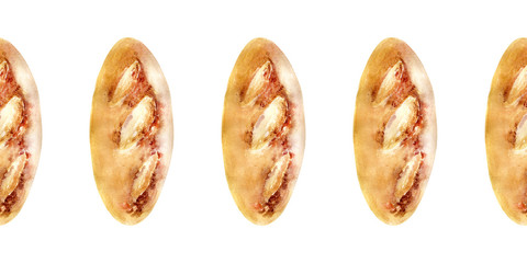 Watercolor seamless border with images of bakery products. Loaves, loaves, loaves and rolls