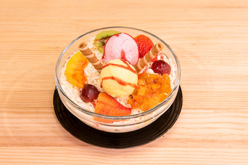 fruit salad, yogurt and ice cream