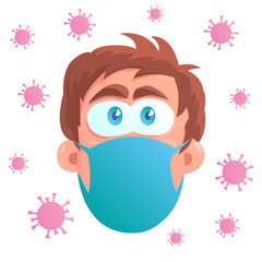 Face of a man with a protective mask against coronavirus. Scared eyes. Dangerous germs fly around the head. Vector isolated illustration in cartoon style.