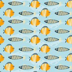 Seamless pattern with flat cartoon fish. Set of two fishes and waves. Vector illustration