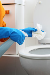 Disinfection of the toilet bowl, cleaning the toilet. Toilet cleaning and disinfection. A woman cleans the toilet with a disinfectant, disinfects the toilet seat and toilet bowl.