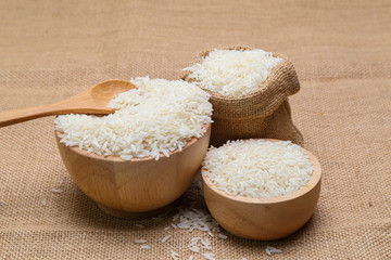 rice in bowl  on sack background