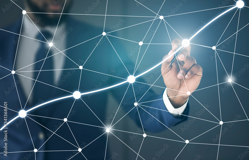 Poster unrecognizable businessman using stylus connecting dots on virtual panel, cropped