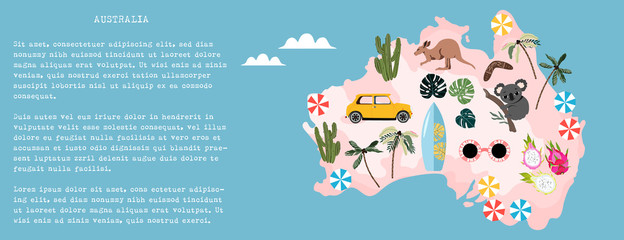 Australia illustrated map banner. Australian culture, nature, and traditions on a map. Hand-drawn modern vector illustration for web and print. Trendy Australian map design.