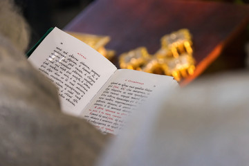 Naklejka na ściany i meble open religious book, Bible, Talmud, poems, prayer reading by the Holy father
