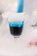 science show at a children's party, cooking with dry ice, smoke, steam, multi-colored drinks