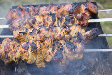 Pieces of pork are baked on a campfire. The traditional dish is shashlik