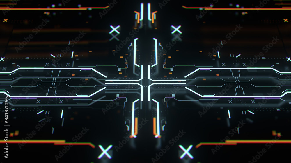 Poster 3d render abstract complex technology background with a lot of graphic elements. rich details with d