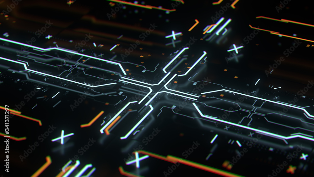 Poster 3d render abstract complex technology background with a lot of graphic elements. rich details with d